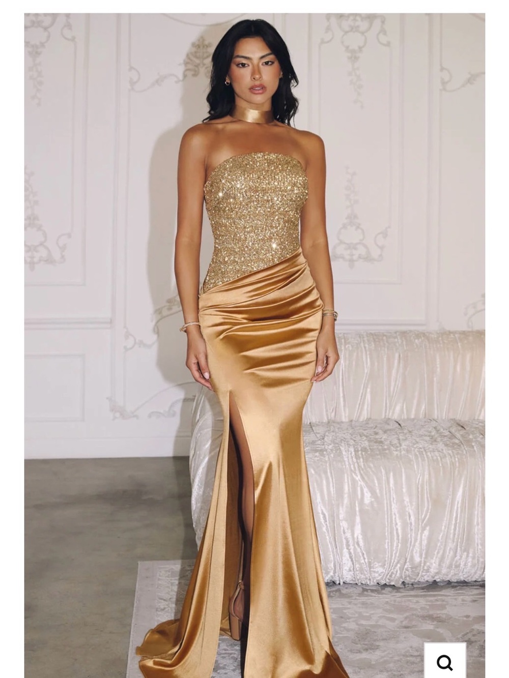 Strapless Gold Sequin Bodice Satin Maxi Dress